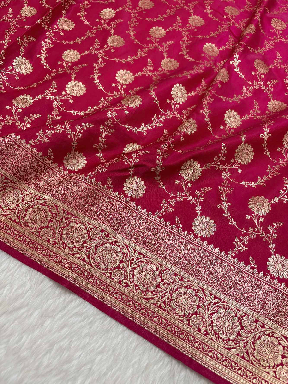Rani Pink Satin Silk Banarasi Saree with Golden Zari Floral Bel Jaal