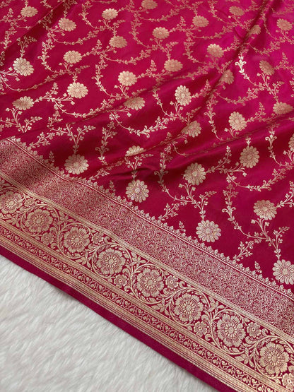 Rani Pink Satin Silk Banarasi Saree with Golden Zari Floral Bel Jaal