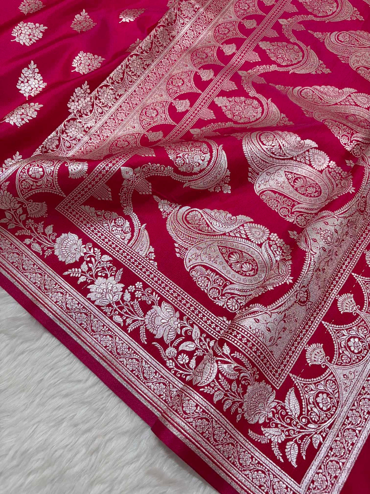Rani Pink Shaded New Motif Satin Silk Banarasi Saree
