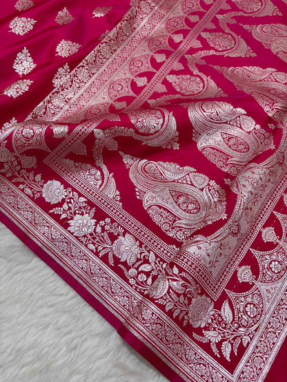 Rani Pink Shaded New Motif Satin Silk Banarasi Saree