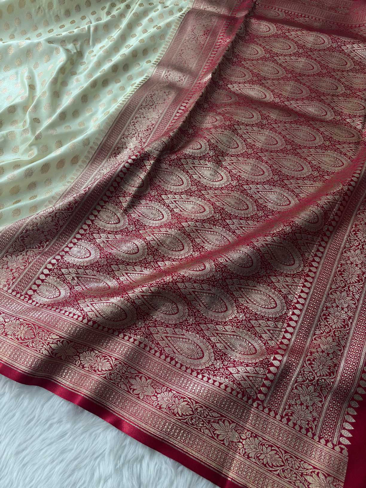 Red & Cream Satin Silk Banarasi Saree