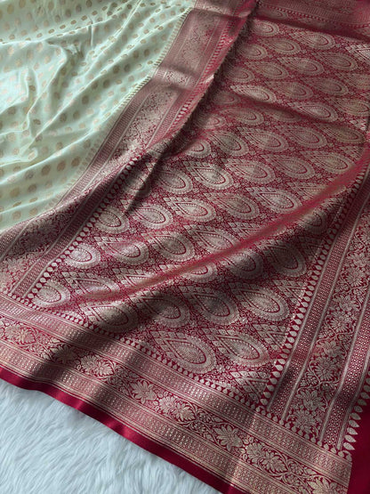 Red & Cream Satin Silk Banarasi Saree