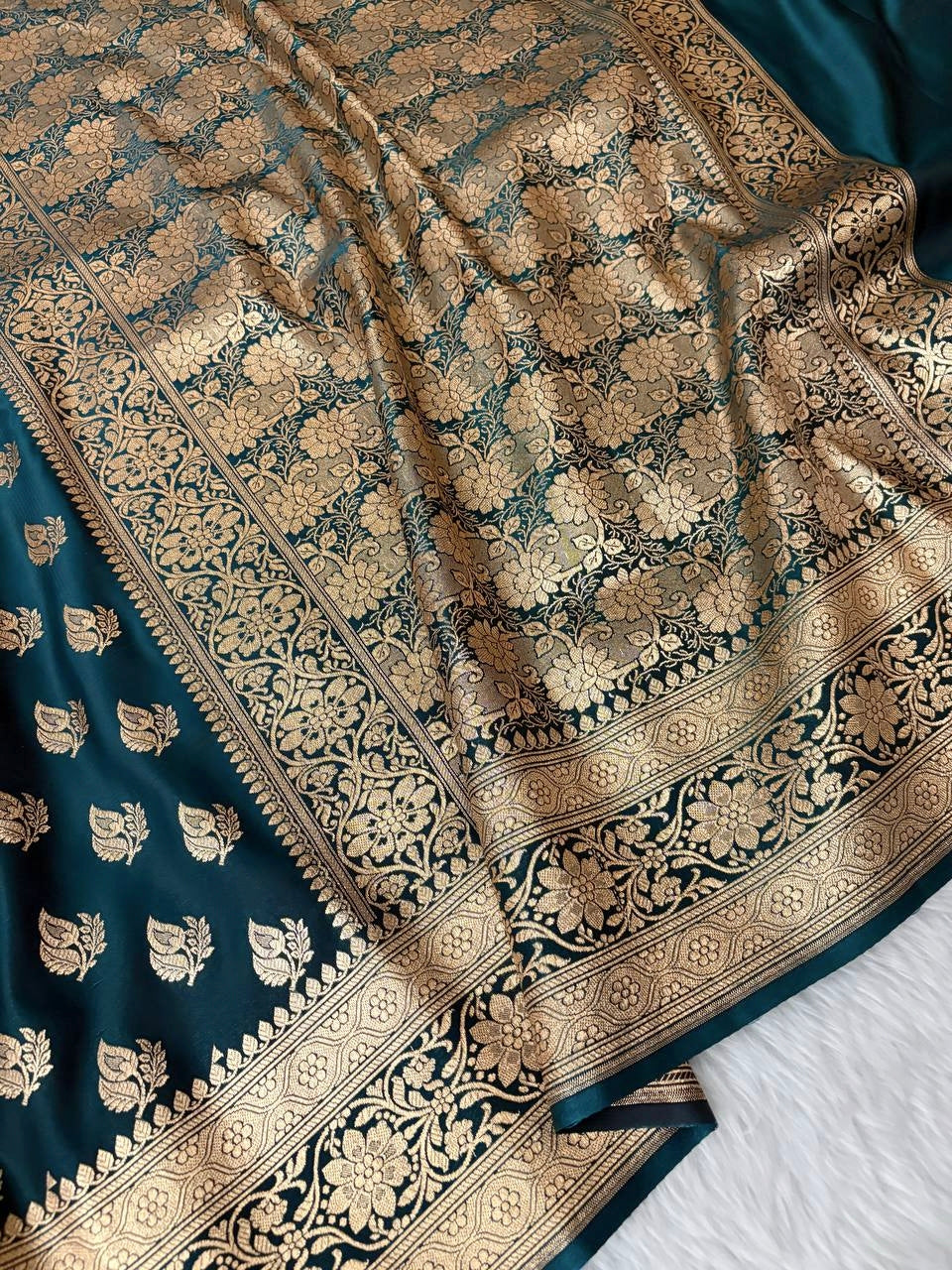 Ocean Blue Satin Silk Banarasi Saree