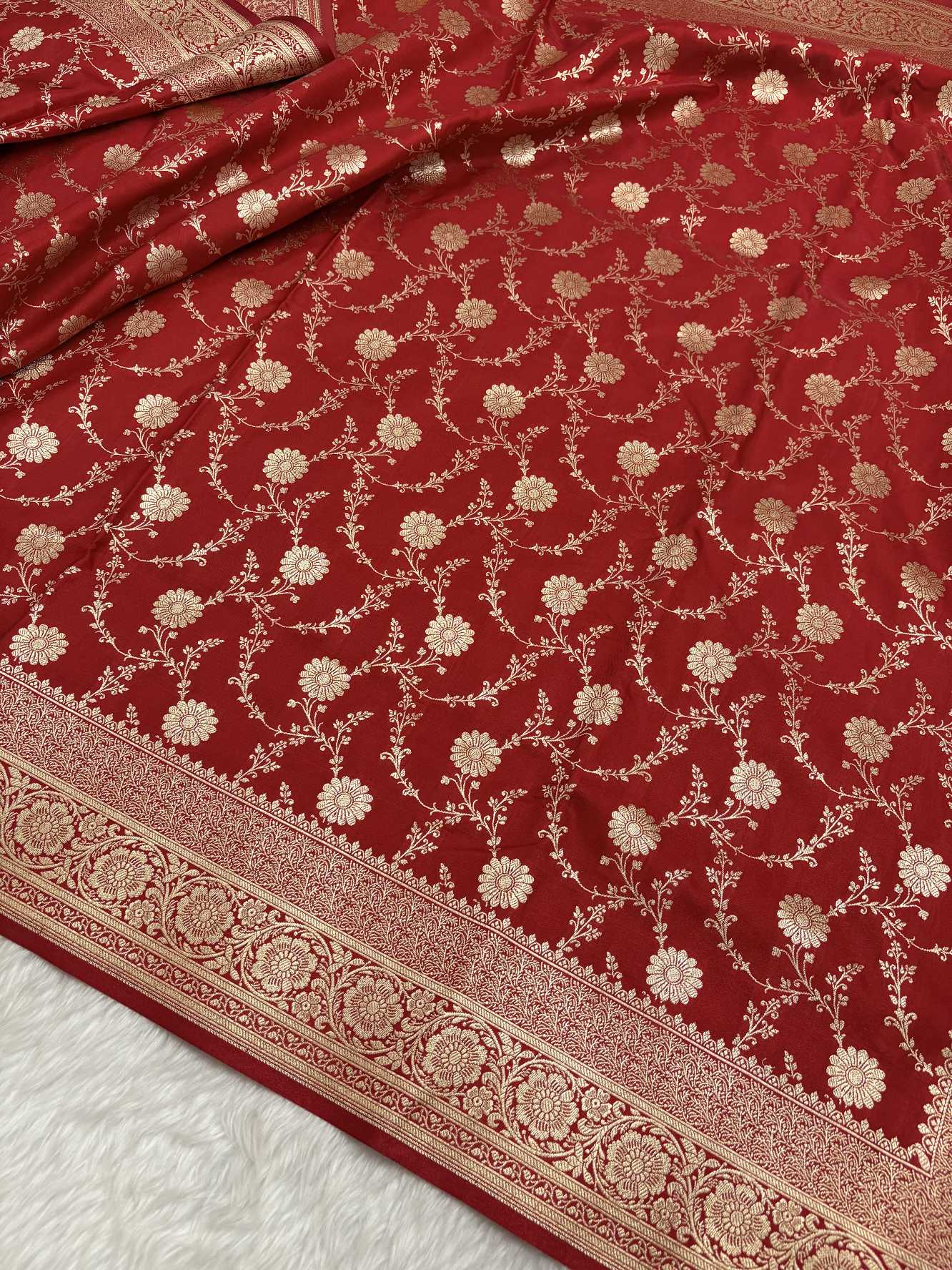 Red Satin Silk Banarasi Saree with Golden Zari Floral Bel Jaal