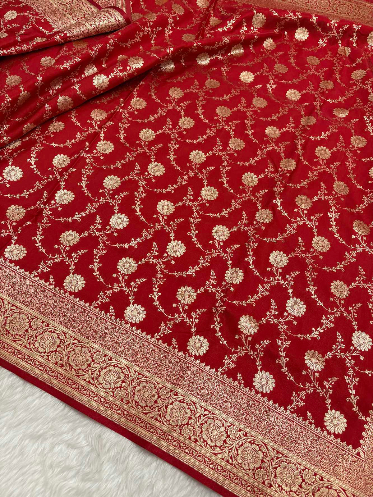 Red Satin Silk Banarasi Saree with Golden Zari Floral Bel Jaal