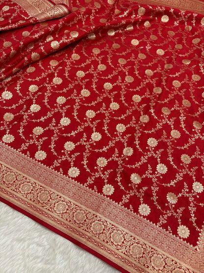 Red Satin Silk Banarasi Saree with Golden Zari Floral Bel Jaal