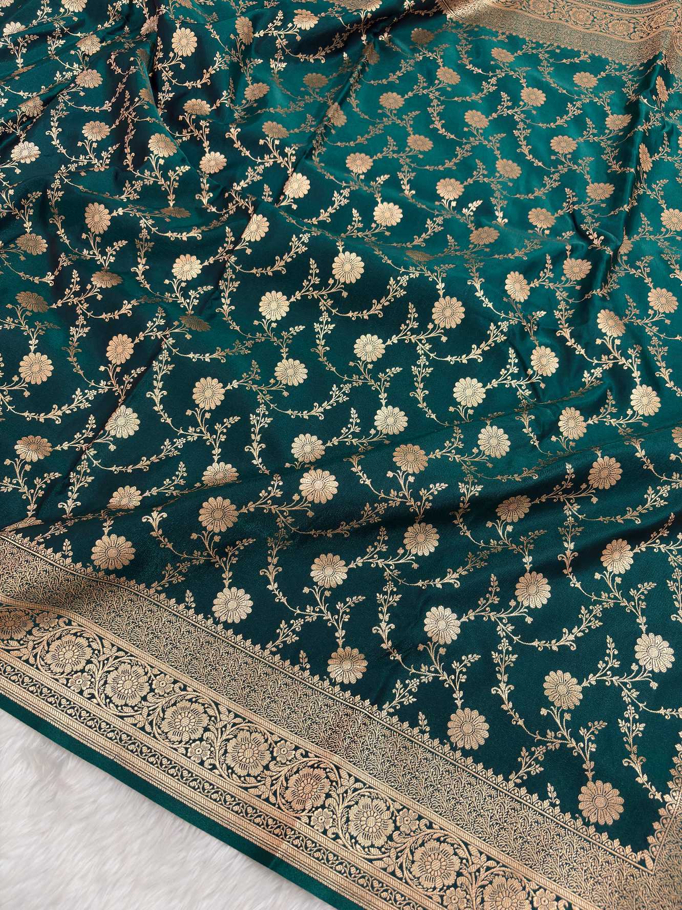Teal Green Satin Silk Banarasi Saree with Golden Zari Floral Bel Jaal