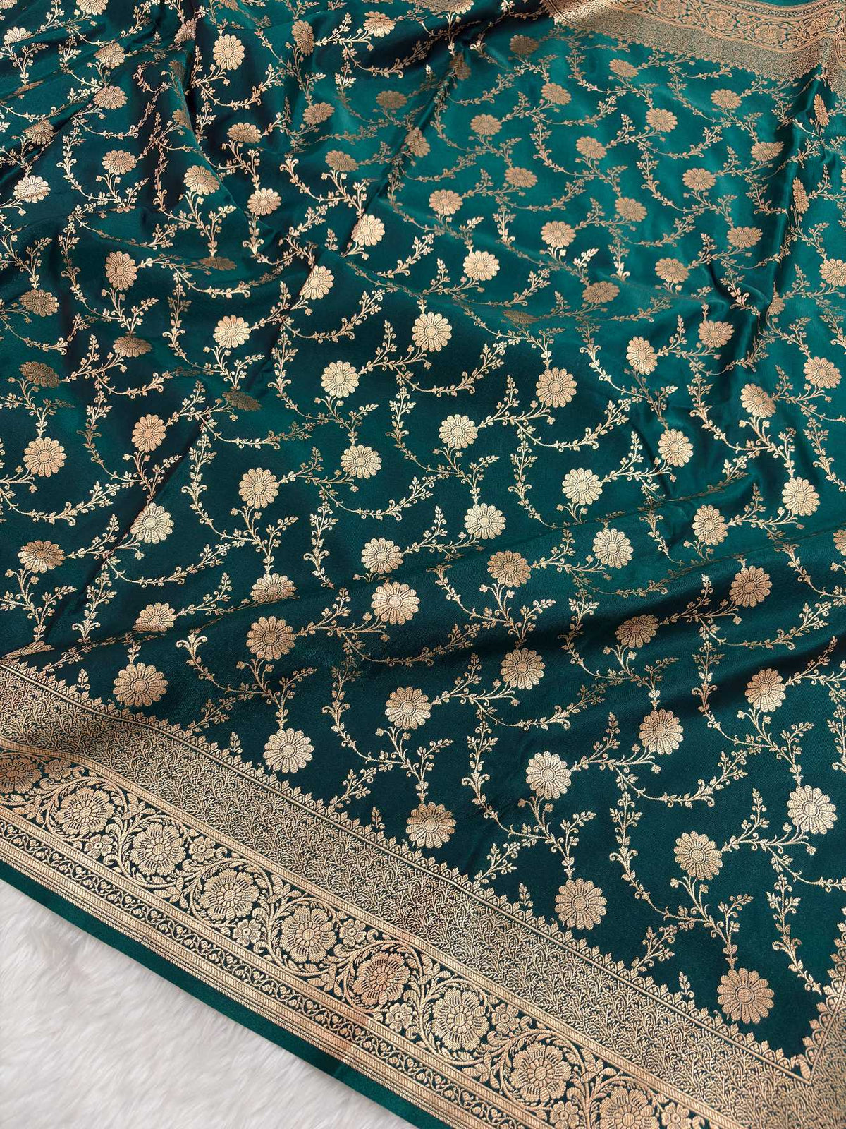 Teal Green Satin Silk Banarasi Saree with Golden Zari Floral Bel Jaal