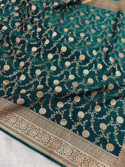 Teal Green Satin Silk Banarasi Saree with Golden Zari Floral Bel Jaal