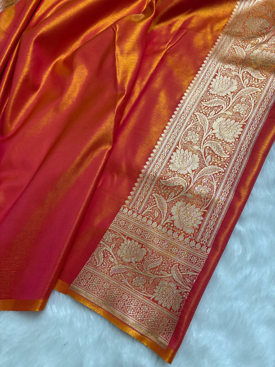 Orange with Golde Shaded Satin Silk Banarasi Saree
