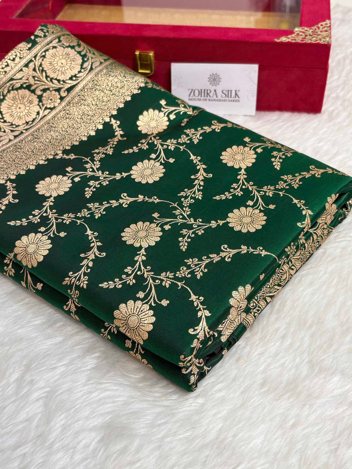 Botel Green Satin Silk Banarasi Saree with Golden Zari Floral Bel Jaal
