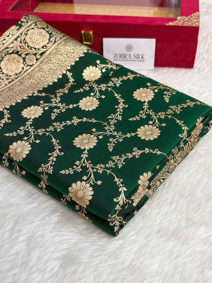 Botel Green Satin Silk Banarasi Saree with Golden Zari Floral Bel Jaal