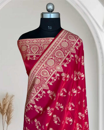 Rani Pink Fancy Motif Satin Silk Banarasi Saree