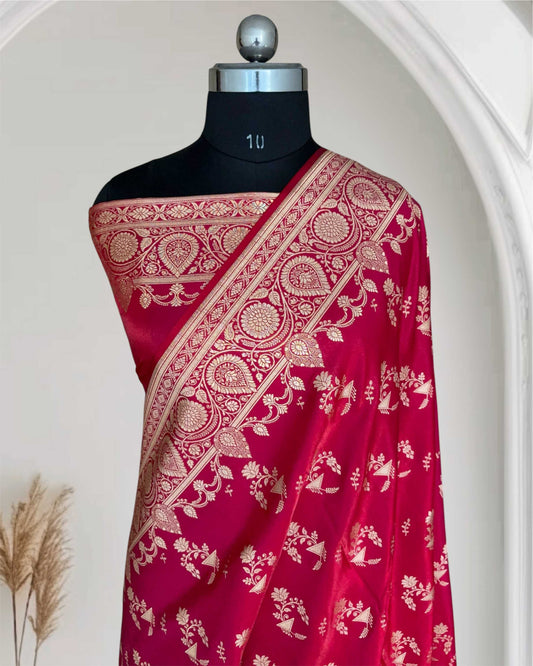 Rani Pink Fancy Motif Satin Silk Banarasi Saree