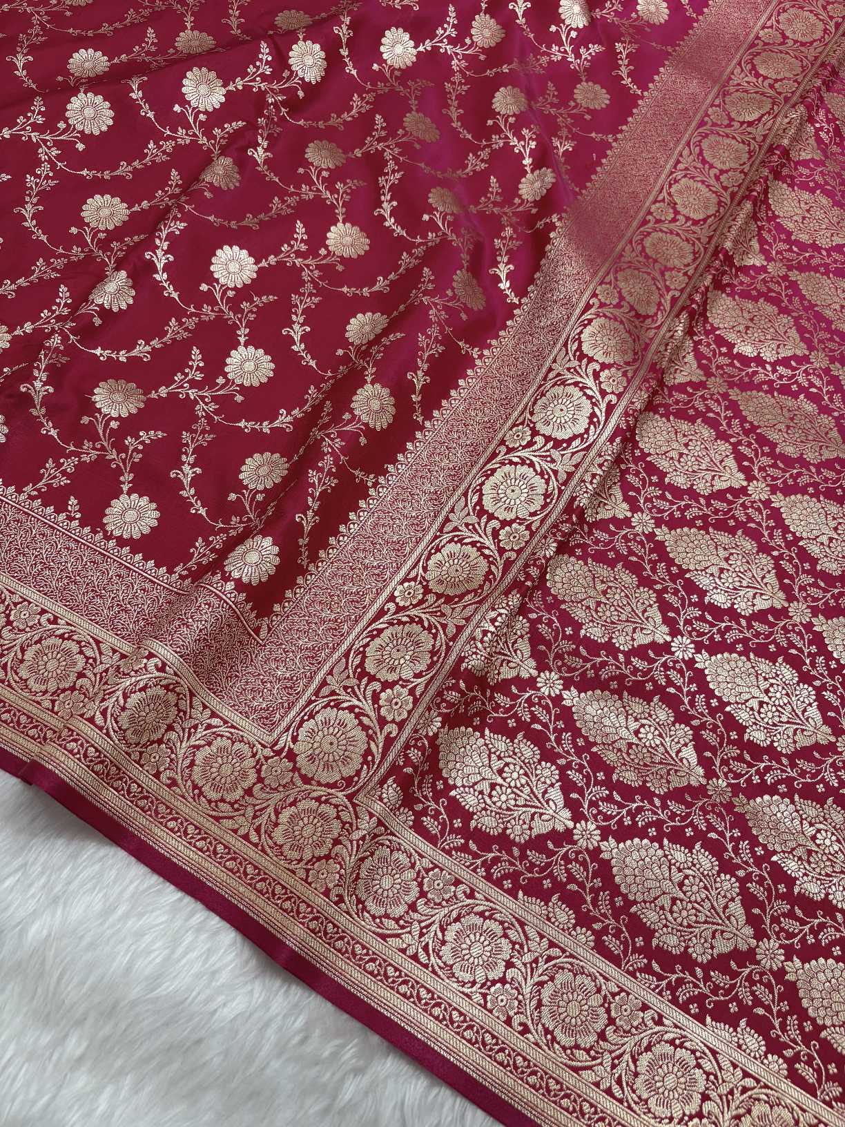 Rani Pink Satin Silk Banarasi Saree with Golden Zari Floral Bel Jaal
