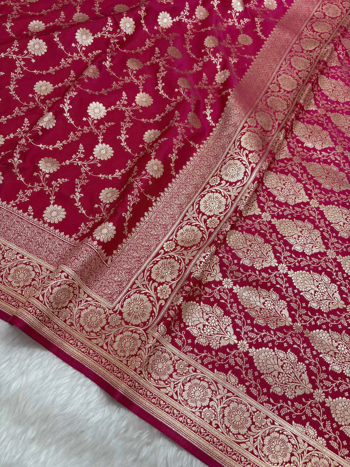 Rani Pink Satin Silk Banarasi Saree with Golden Zari Floral Bel Jaal