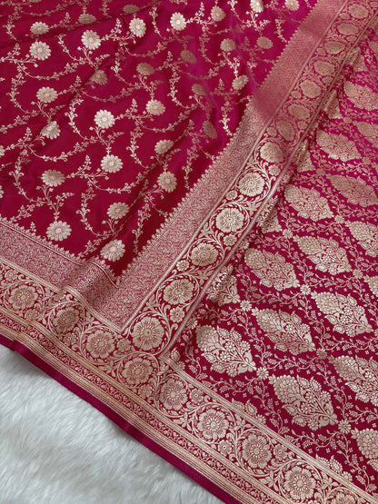 Rani Pink Satin Silk Banarasi Saree with Golden Zari Floral Bel Jaal