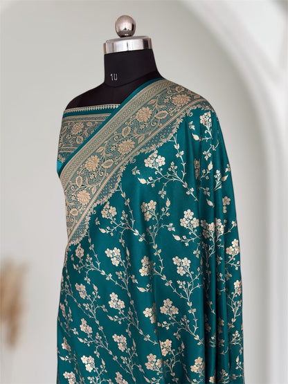 Rama Green Satin Silk Banarasi Saree Floral Jaal