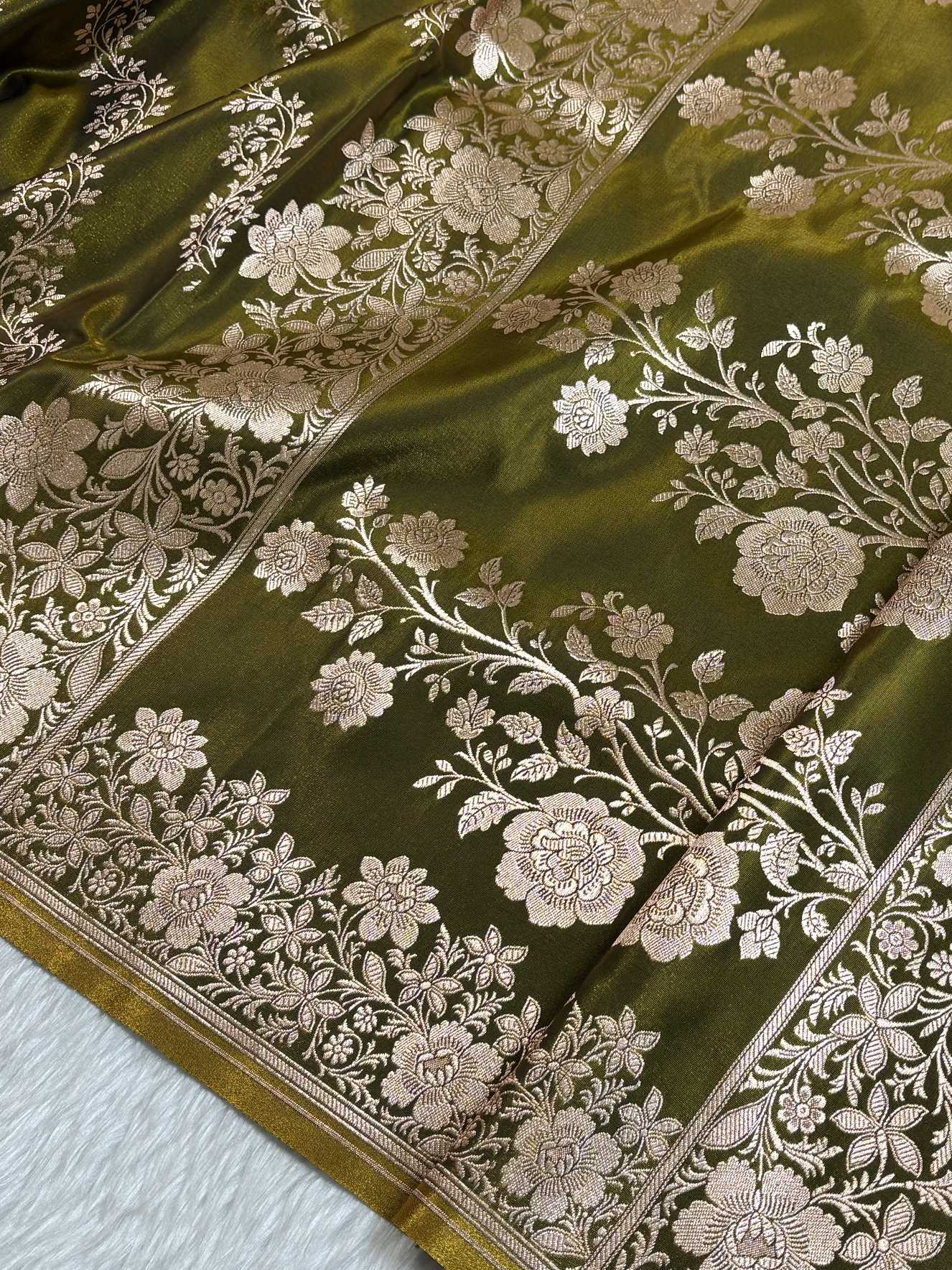 Laheriya Jaal Satin Silk Banarasi Saree Mehdi Green Shades
