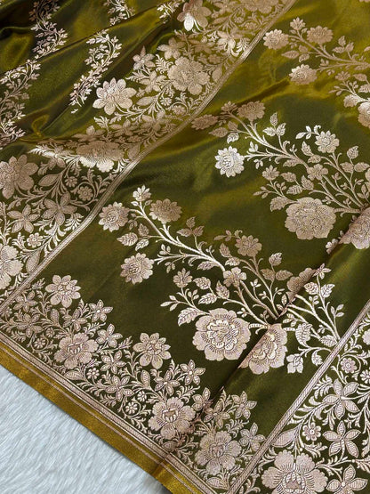 Laheriya Jaal Satin Silk Banarasi Saree Mehdi Green Shades