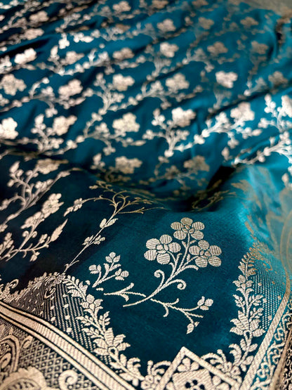Teal Green Satin Silk Banarasi Saree in Jaal Pattern - Zohra Silk