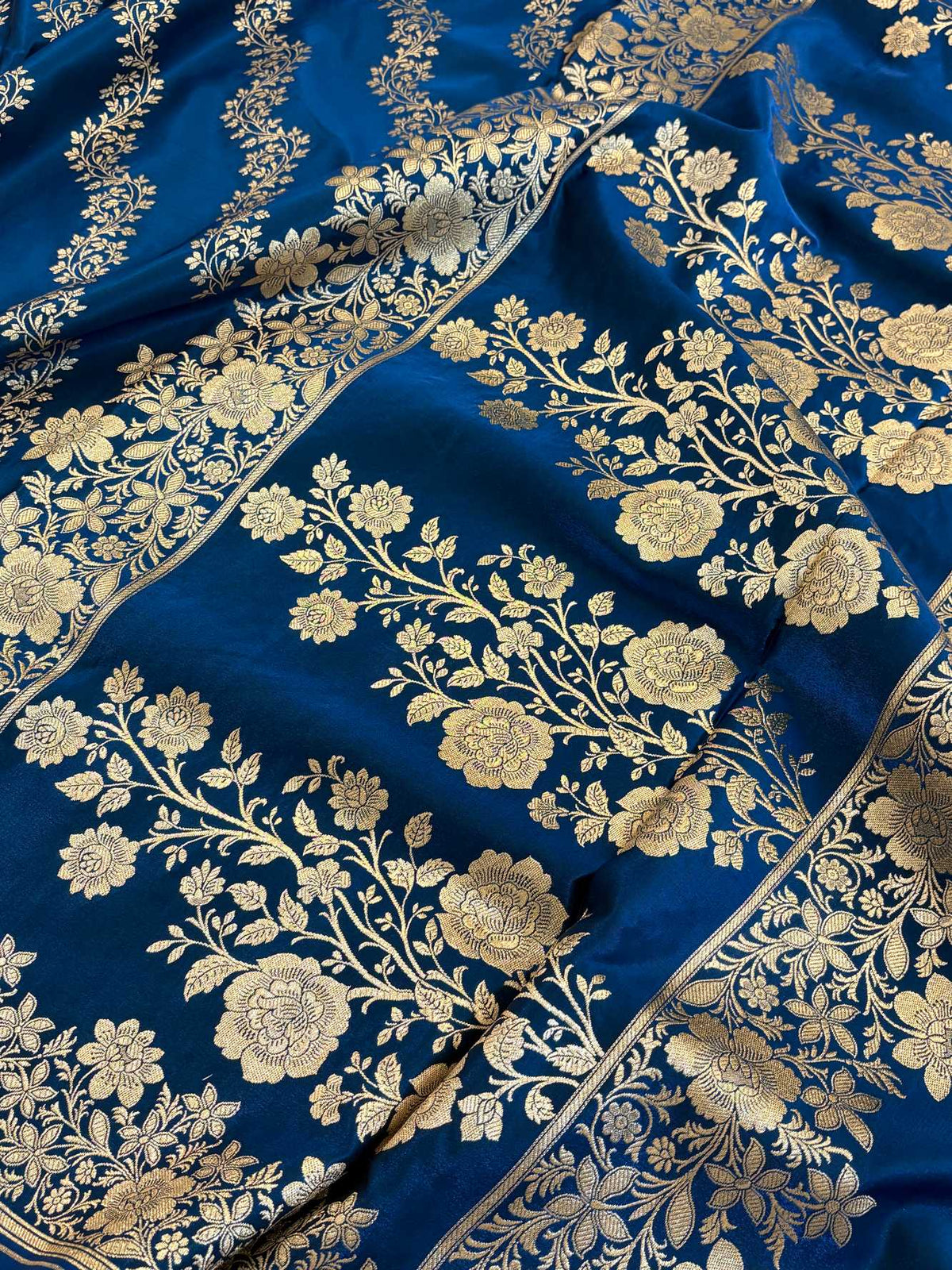 Laheriya Jaal Satin Silk Banarasi Saree Teal Blue Shades