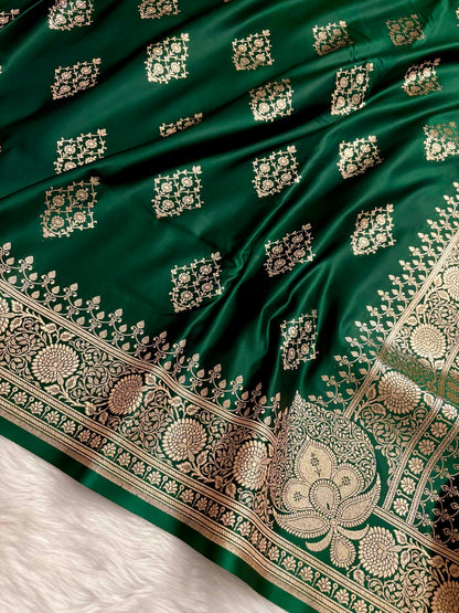 Bottle Green Kataan Silk Banarasi Saree – Light Golden Zari Work