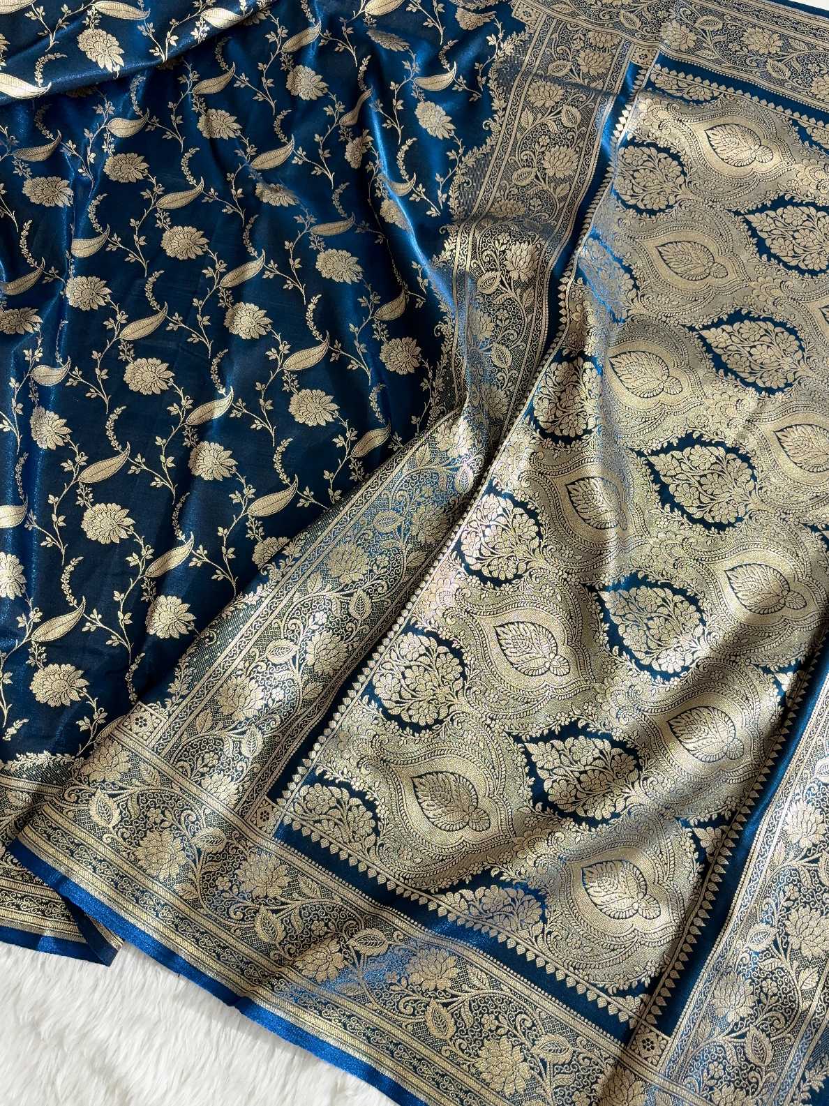 Teal Blue Satin Silk Banarasi Saree with Golden Zari Classic Jaal