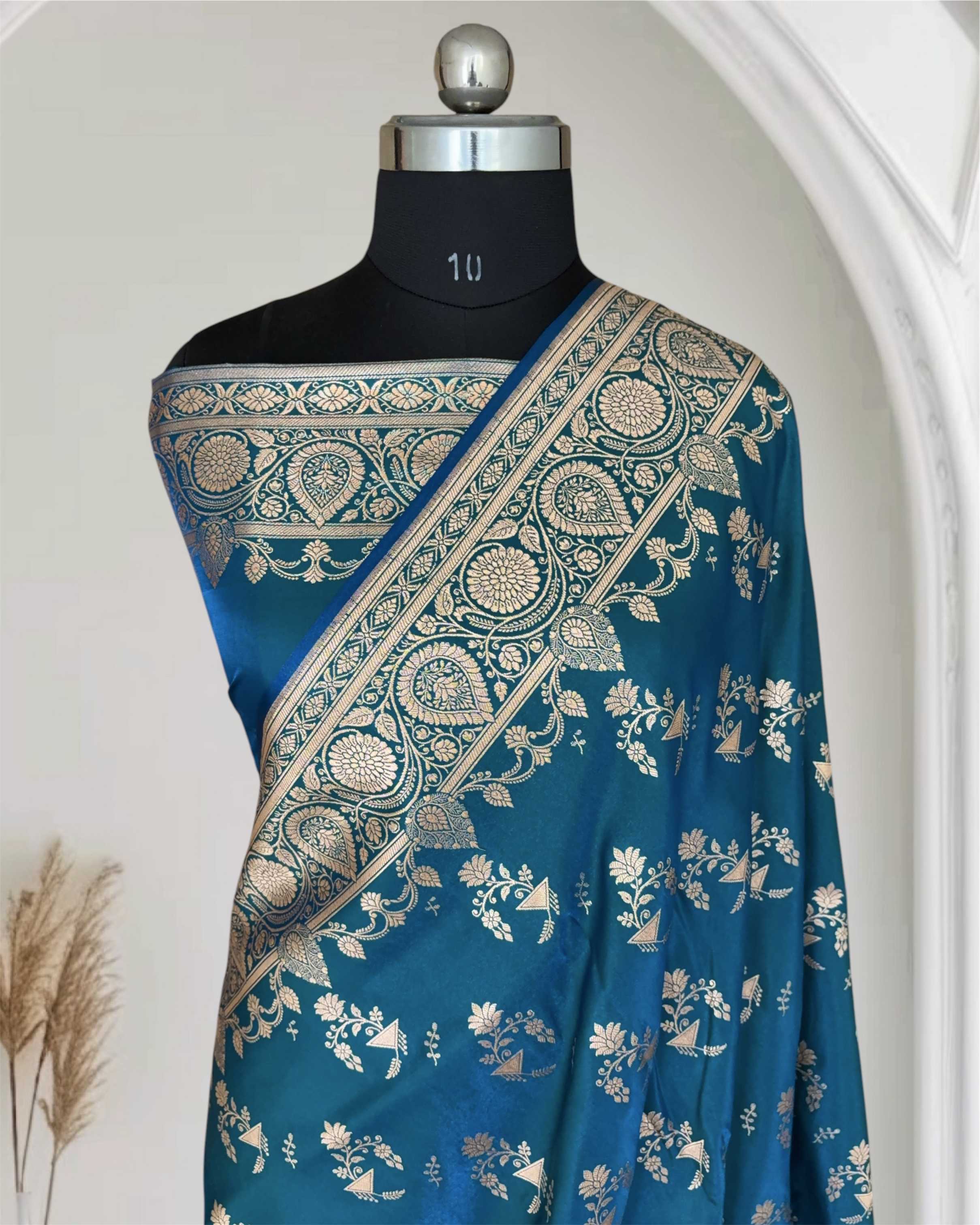Firozi Fancy Motif Satin Silk Banarasi Saree