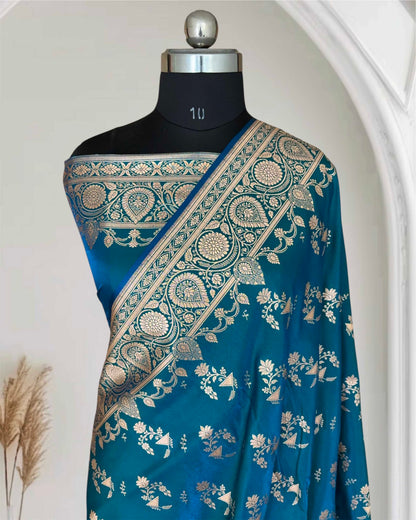 Firozi Fancy Motif Satin Silk Banarasi Saree