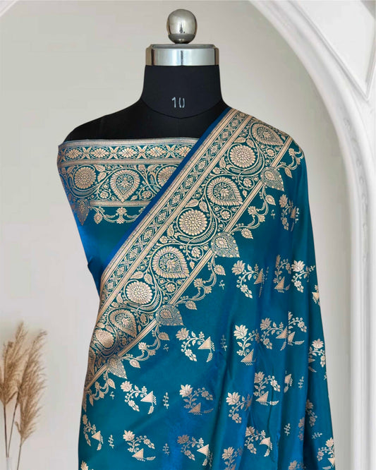 Firozi Fancy Motif Satin Silk Banarasi Saree