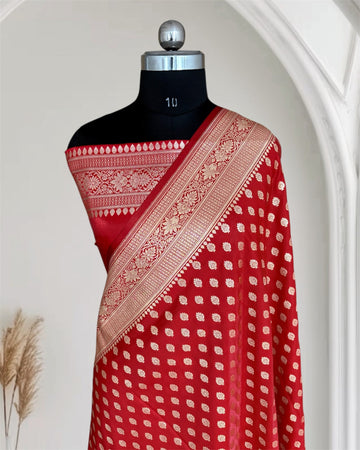 Red Satin Silk Banarasi Motif Saree