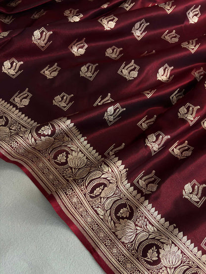 Dark Maroon Satin Silk Saree Banarasi Motif