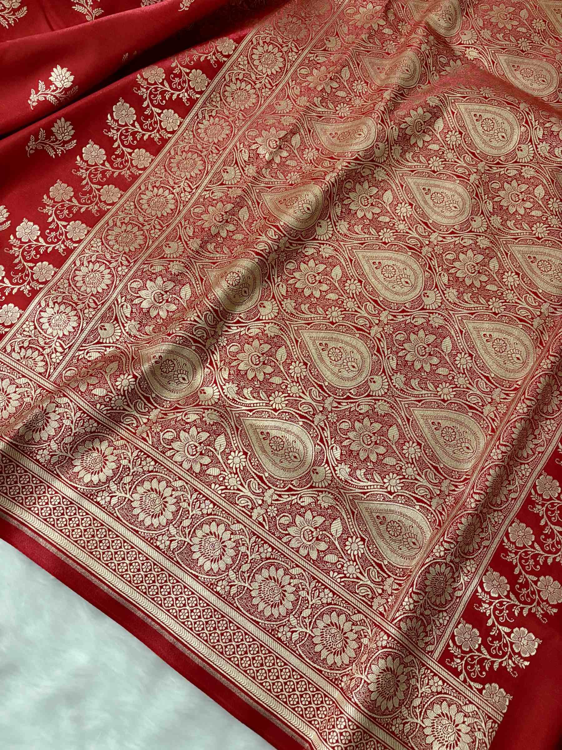 Red with Golden Zari Work and Rose Buti Design Satin Silk Banarasi Saree
