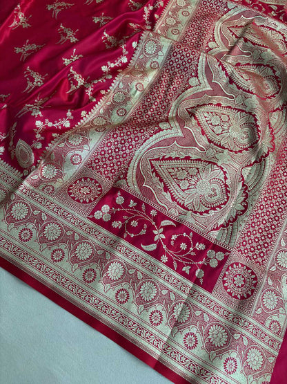 Red Pink Shaded Soft Kataan Silk Banarasi Saree Light Gold Work