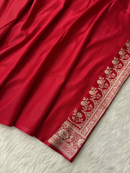 Rama Green & Red Buti Satin Silk Banarasi Saree