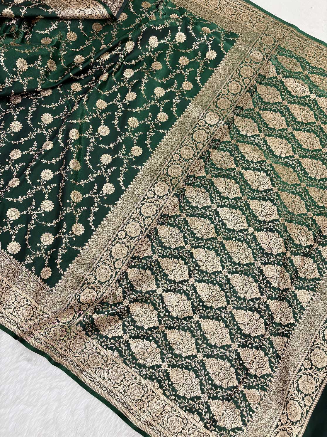 Botel Green Satin Silk Banarasi Saree with Golden Zari Floral Bel Jaal