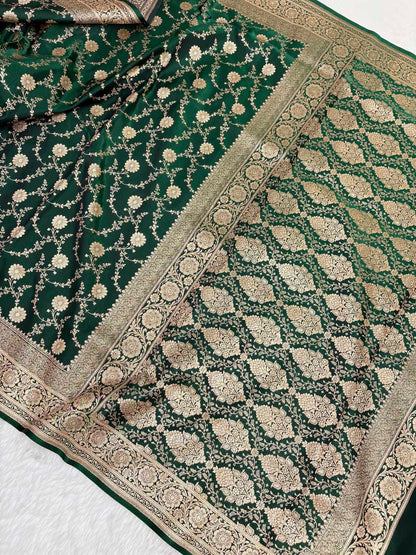 Botel Green Satin Silk Banarasi Saree with Golden Zari Floral Bel Jaal