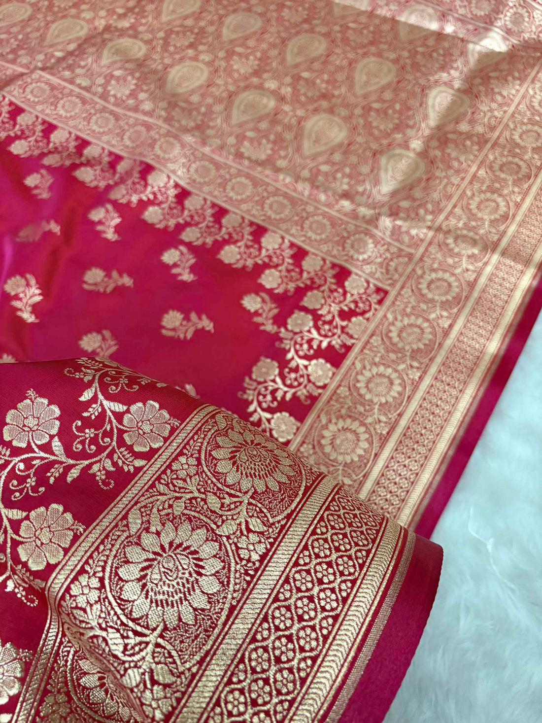 Rani with Red Shaded Zari Work and Rose Buti Design Satin Silk Banarasi Saree