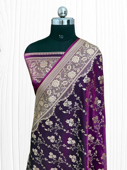 Wine Satin Silk Banarasi Saree with Jaal Pattern