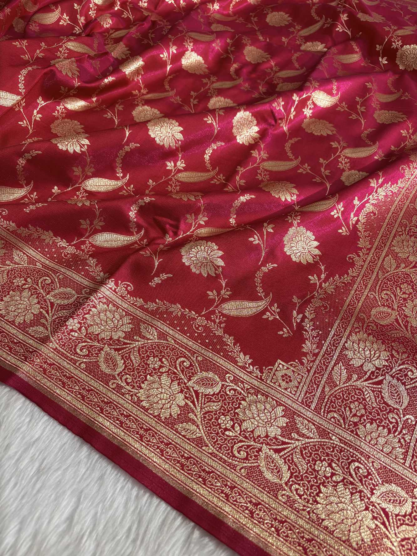 Rani Pink Satin Silk Banarasi Saree with Golden Zari Classic Jaal