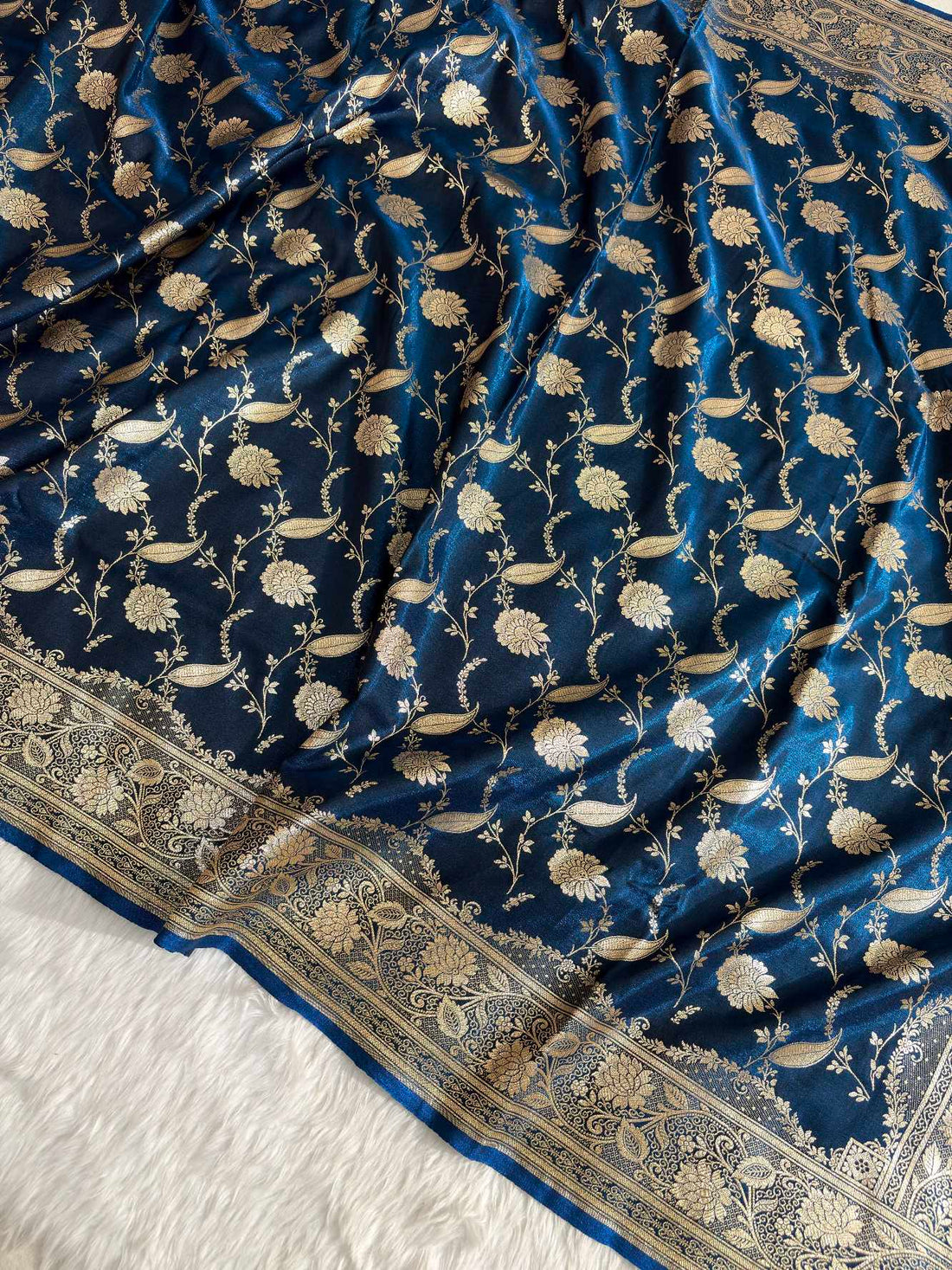 Teal Blue Satin Silk Banarasi Saree with Golden Zari Classic Jaal