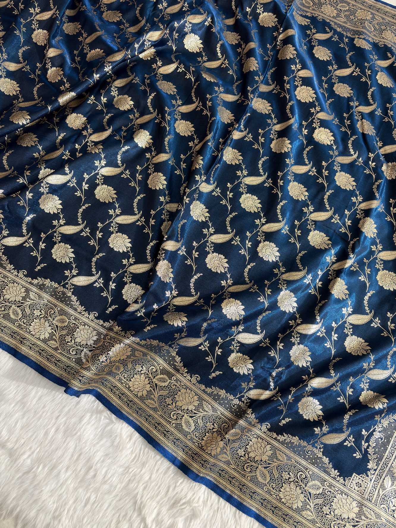 Teal Blue Satin Silk Banarasi Saree with Golden Zari Classic Jaal