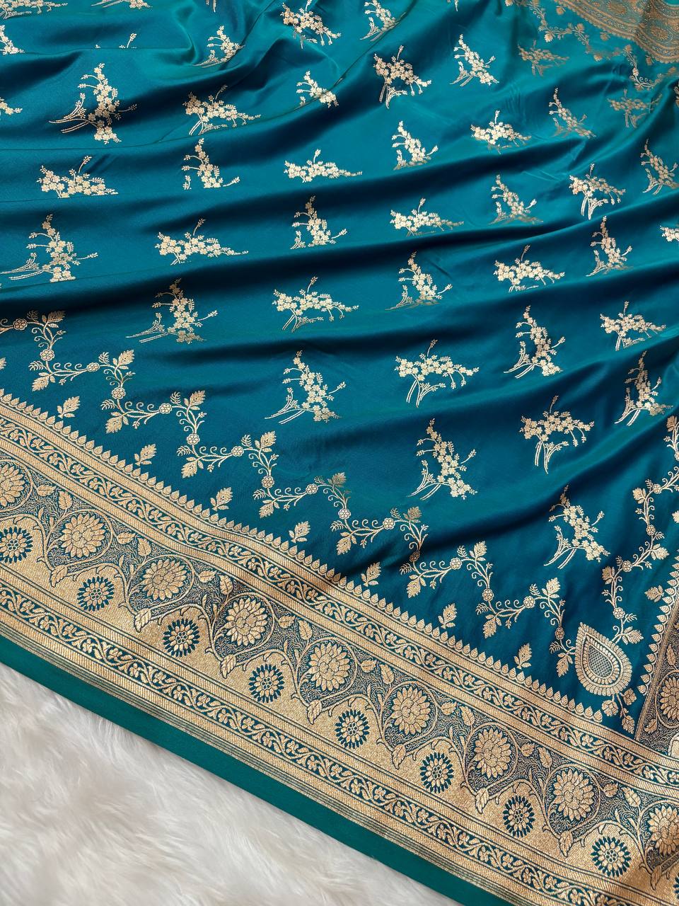 Blue-Green Soft Kataan Silk Banarasi Saree