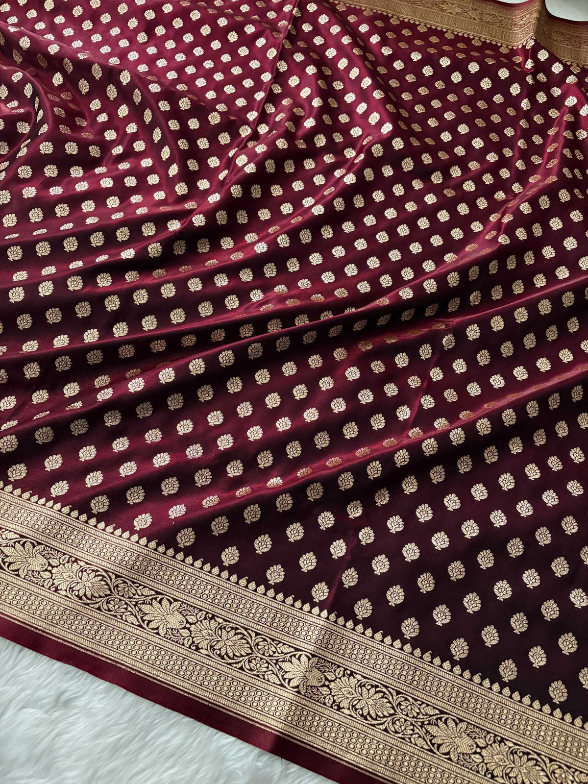 Dark Maroon Satin Silk Banarasi Motif Saree