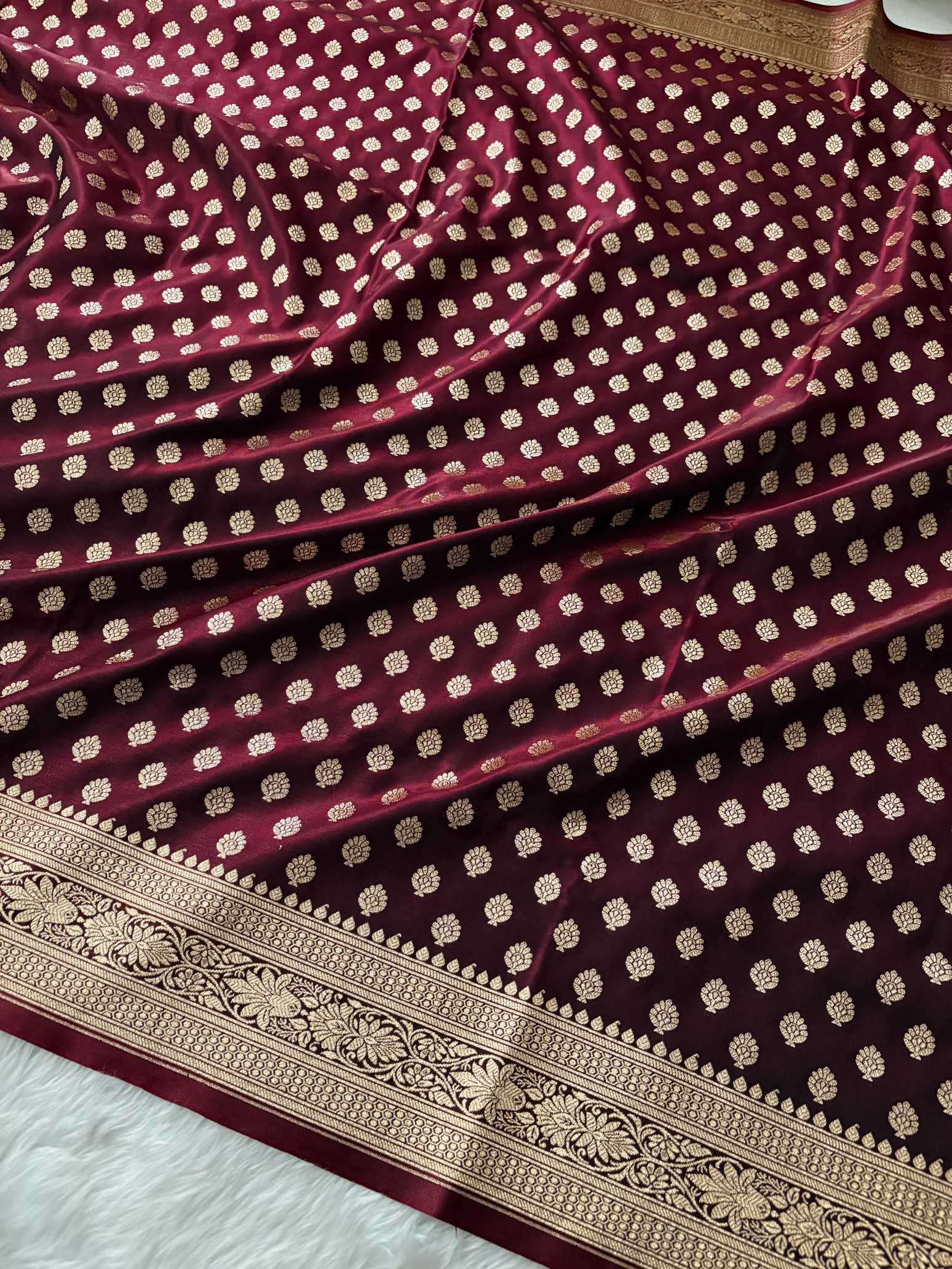 Dark Maroon Satin Silk Banarasi Motif Saree