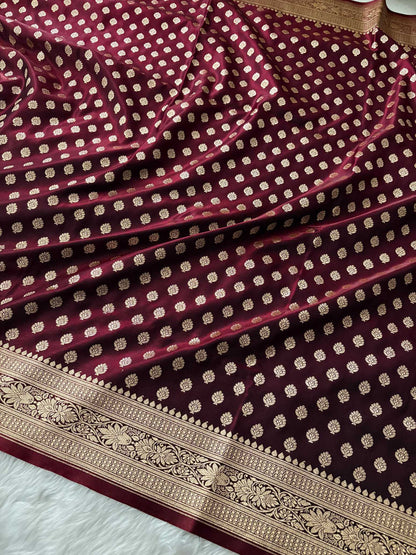 Dark Maroon Satin Silk Banarasi Motif Saree