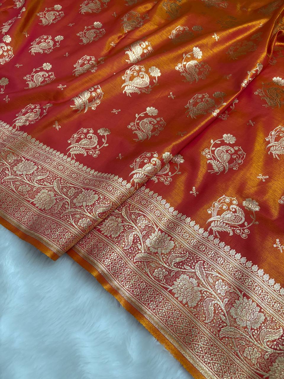 MorPankhi Orange Shaded Satin Silk Banarasi Saree