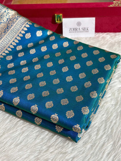 DhupChav Motif Satin Silk Banarasi Saree with Golden Zari