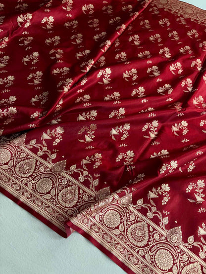 Maroon Shaded Fancy Motif Satin Silk Banarasi Saree
